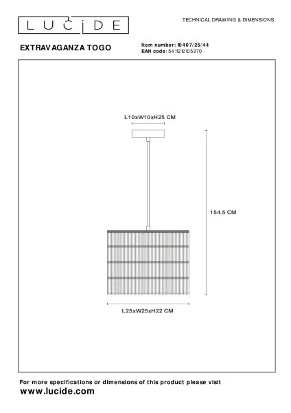 Lucide EXTRAVAGANZA TOGO - Hanglamp - Ø 25 cm - 1xE27 - Okergeel - technisch